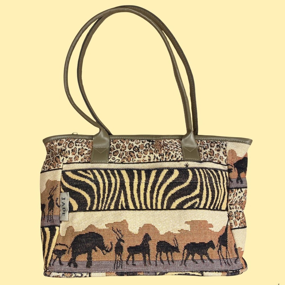 Vintage JADE Tapestry Faux Leather Embroidered Style Satchel Handle Handbag